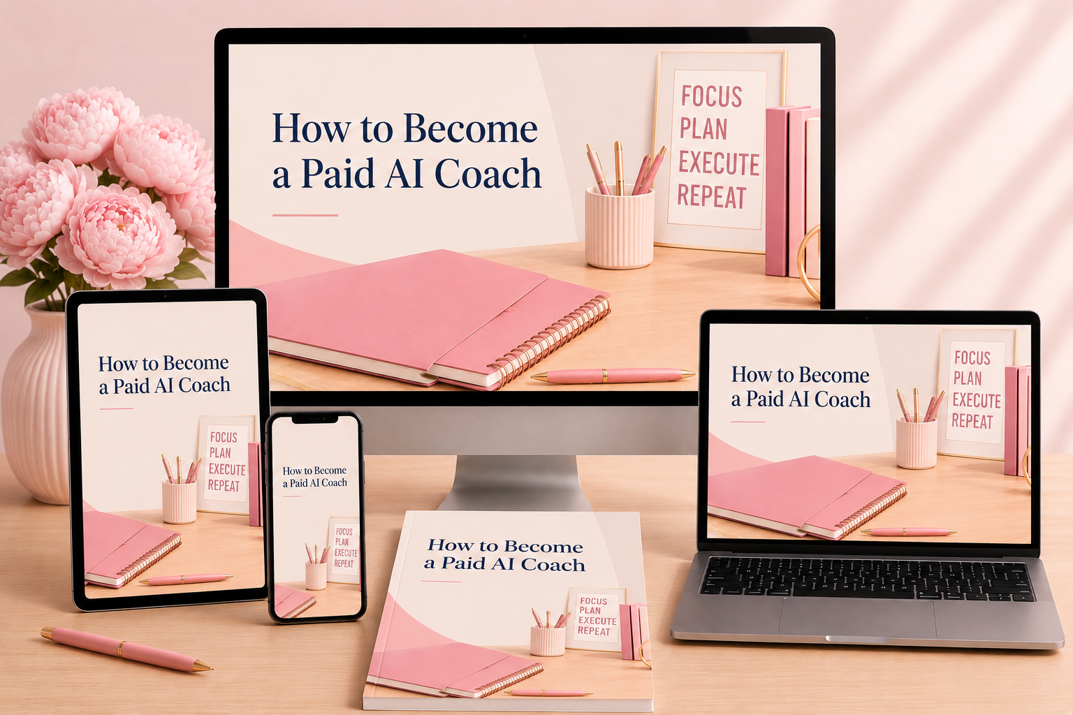 How to Become a Paid AI Coach — multi-device mockup